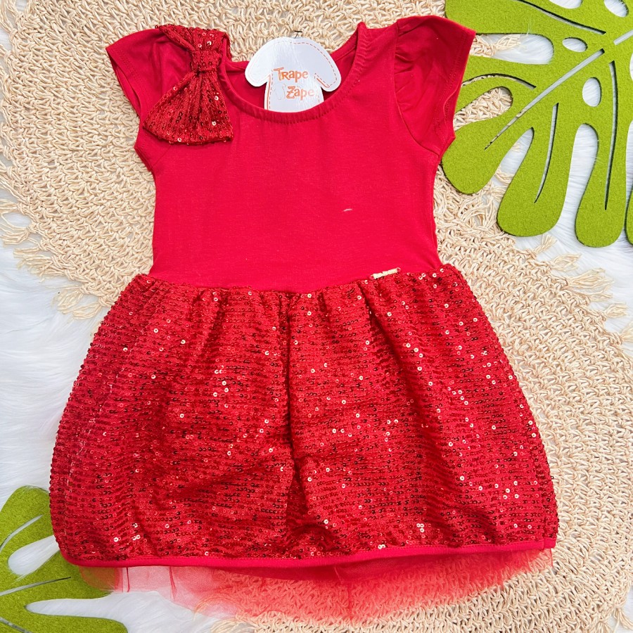 Vestido com Paetê e Tule - Vermelho